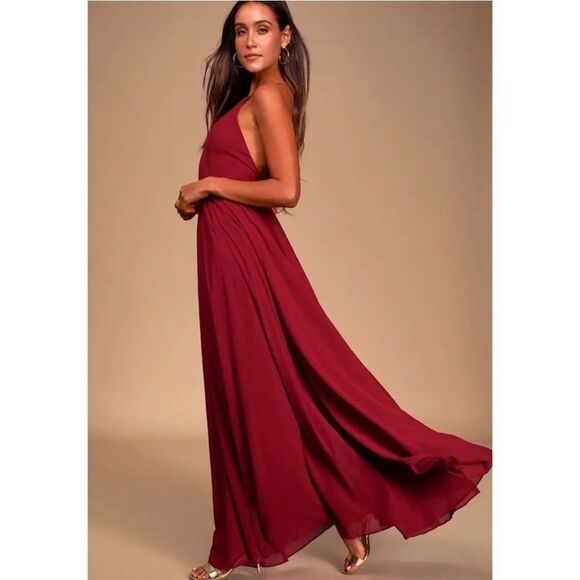 Lulus Mythical Kind of Love Wine Red Halter Chiffon Maxi Dress Size Small - Picture 3 of 16